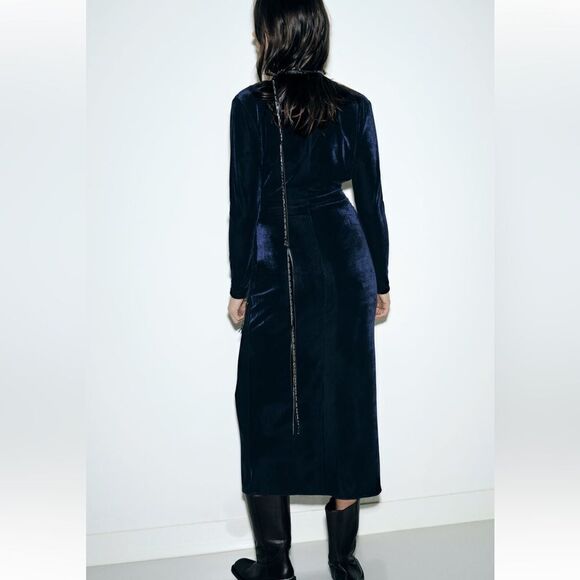 Zara ruched midnight blue velvet dress - Picture 4 of 8